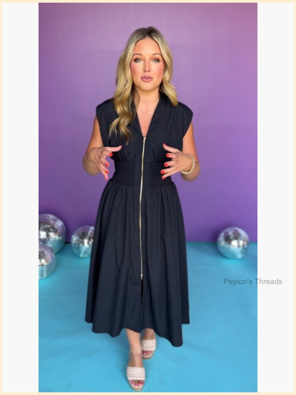 Smocked Midi Dress V Neck Cap Sleeve High Slit Flowy Casual Zipper Dress - Picture 6 of 7